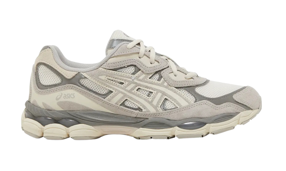 ASICS Gel NYC 'Cream Oyster Grey' sneaker with cream mesh and grey suede overlays.