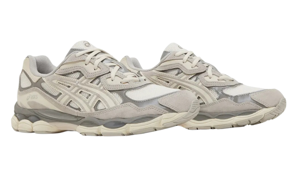 ASICS Gel NYC 'Cream Oyster Grey' sneakers with cream mesh and grey suede overlays.