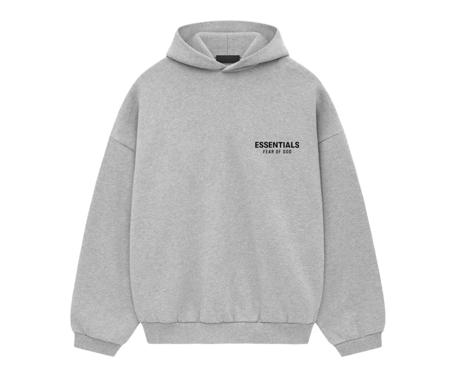 Fear of God Essentials Fleece Hoodie in light heather gray with black logo.