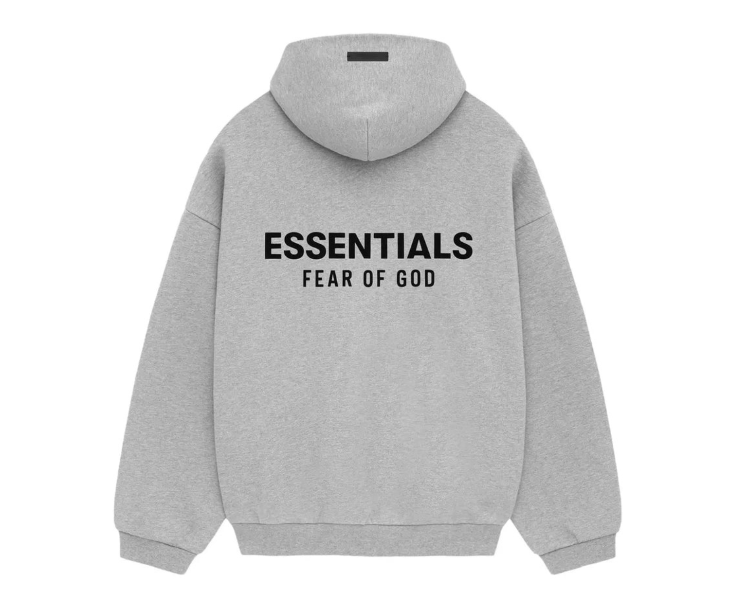 Fear of God Essentials Fleece Hoodie in light heather gray with black logo.