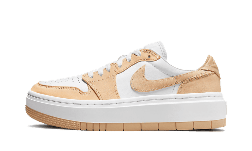 A white and tan Air Jordan 1 Low LV8D Elevated sneaker with a thick sole.