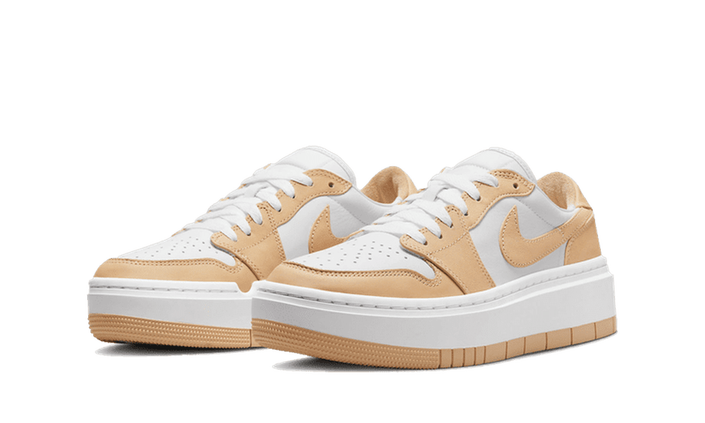 A pair of Air Jordan 1 Low LV8D Elevated Onyx sneakers with white and tan accents.