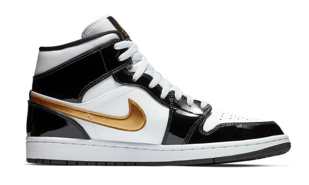 Air Jordan 1 Mid Patent Black White Gold