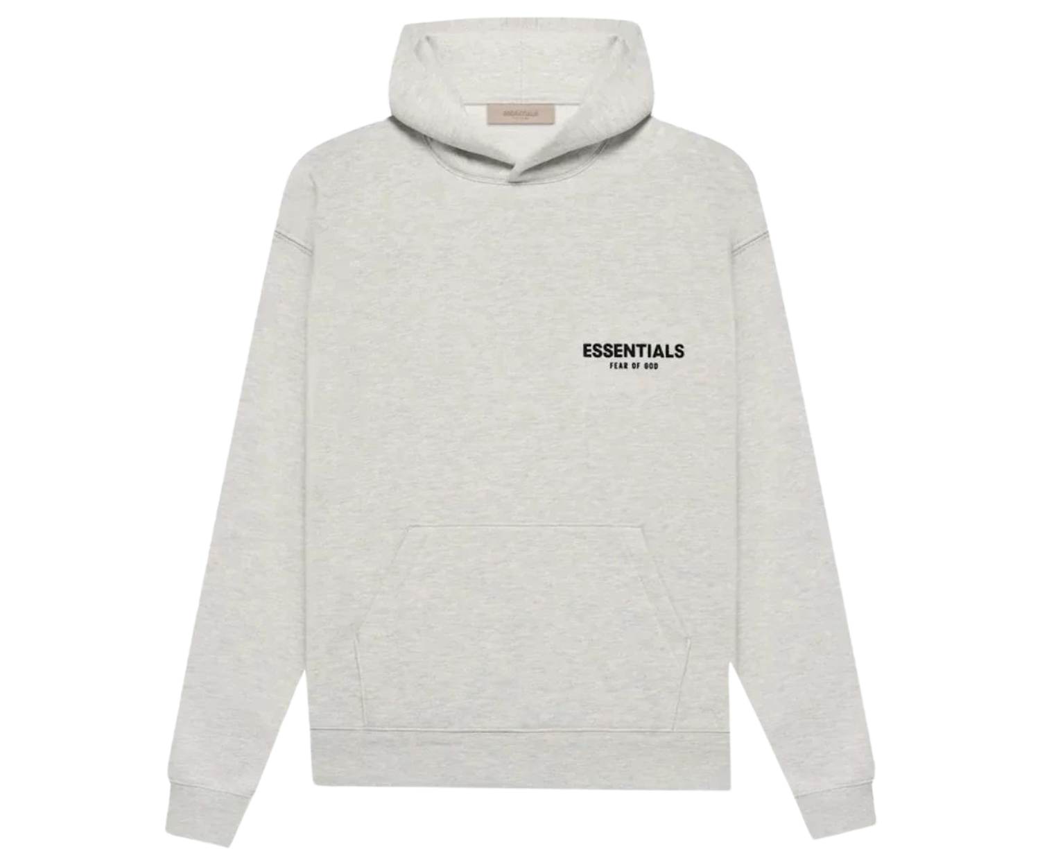 Essentials Light Oatmeal Hoodie with black logo.