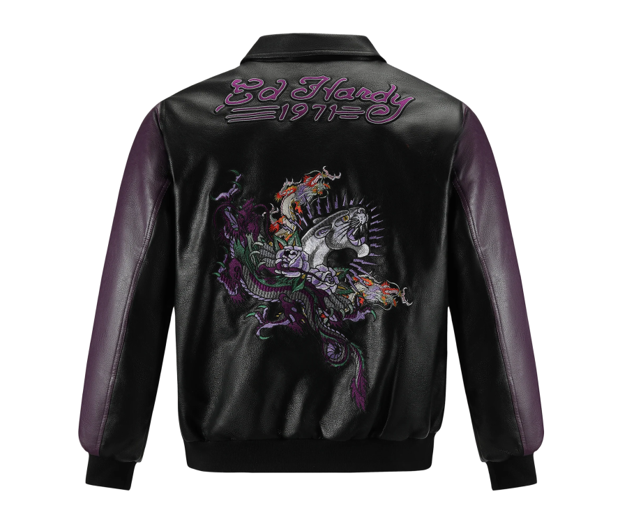 Ed Hardy Dragon and Panther Leather Breaker Jacket Black Purple