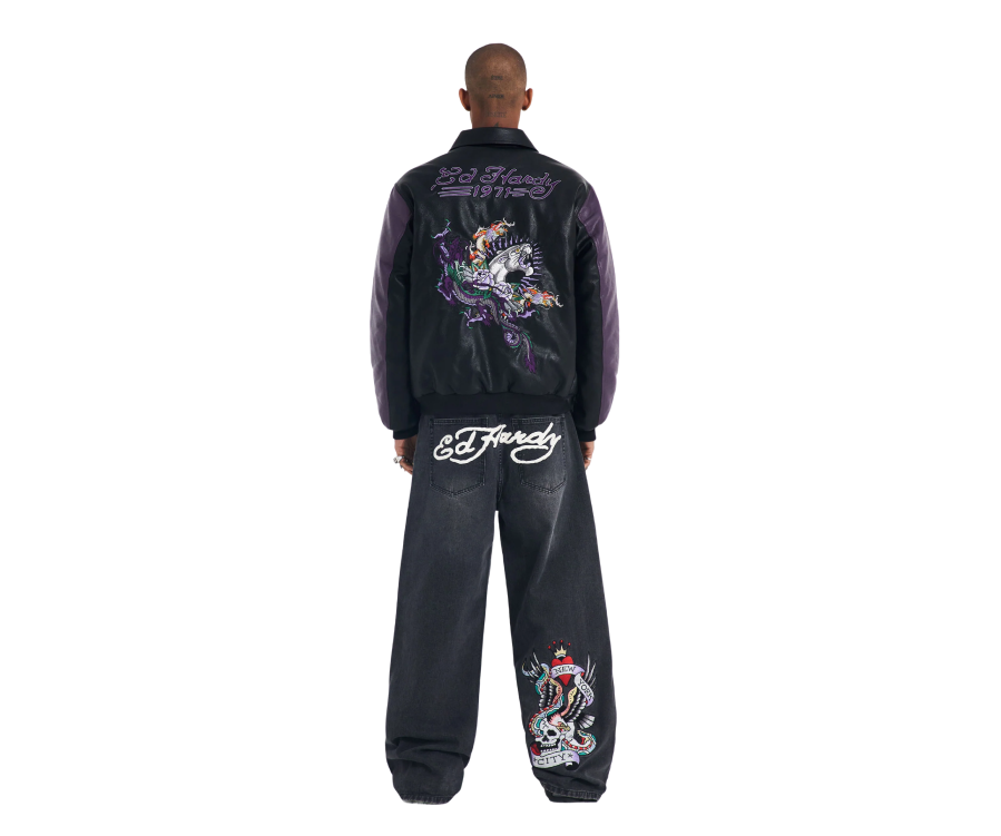 Ed Hardy Dragon and Panther Leather Breaker Jacket Black Purple