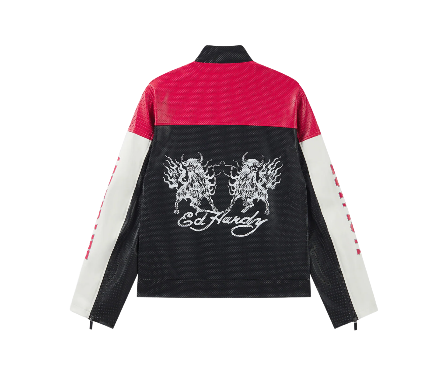 Ed Hardy Art For Life Perforated Moto Jacket Red Black