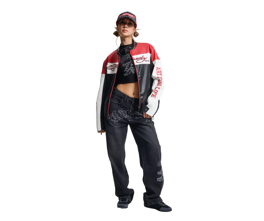 Ed Hardy Art For Life Perforated Moto Jacket Red Black