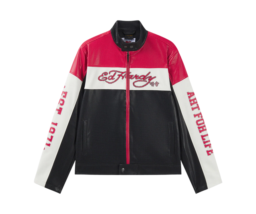 Ed Hardy Art For Life Perforated Moto Jacket Red Black