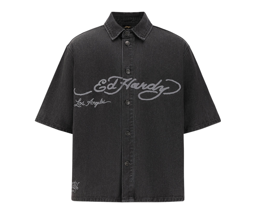 Ed Hardy Eagle and Stars Relaxed Denim Shirt Black