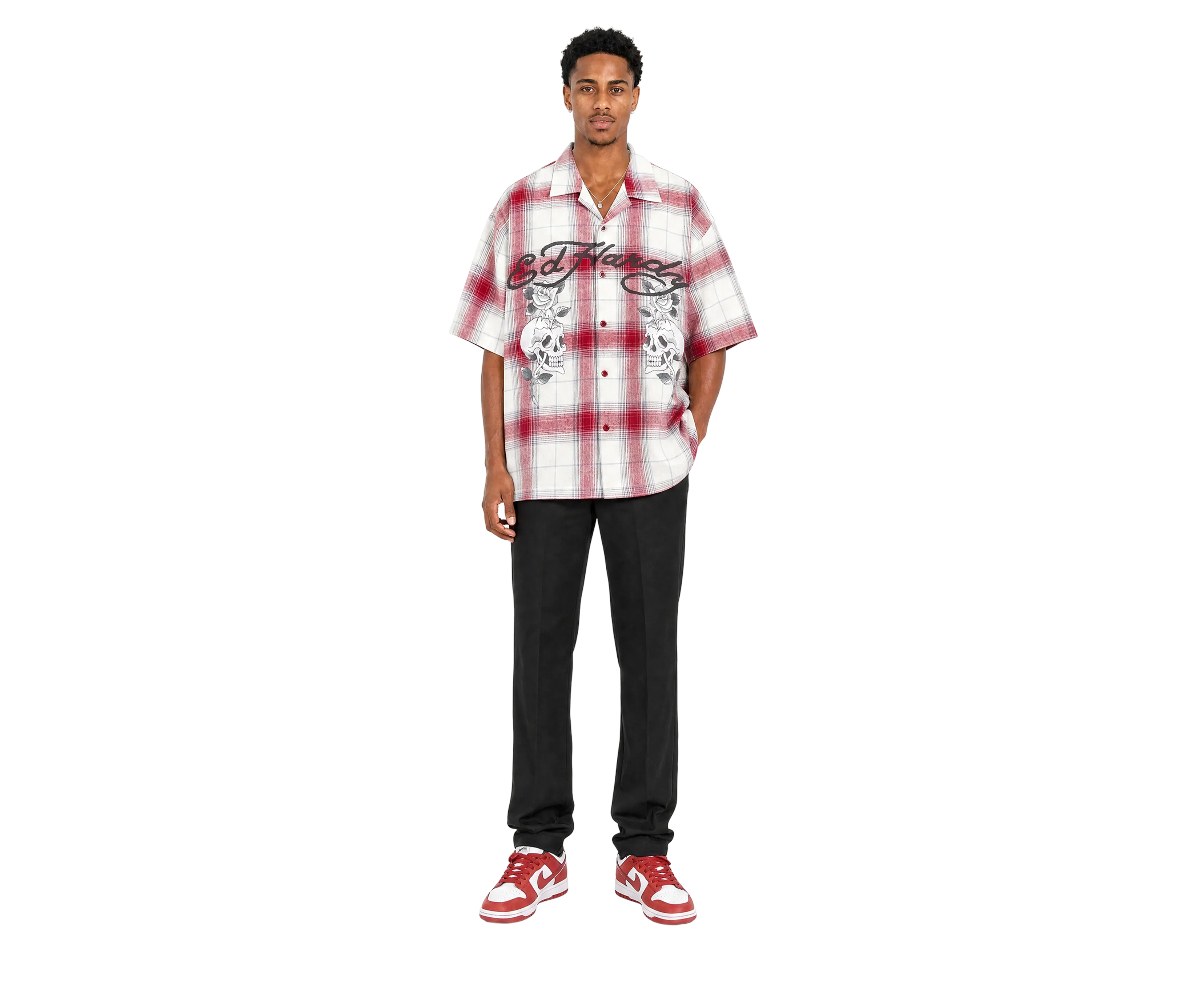 Ed Hardy Gothic Check Revere Boxy Fit Shirt Red