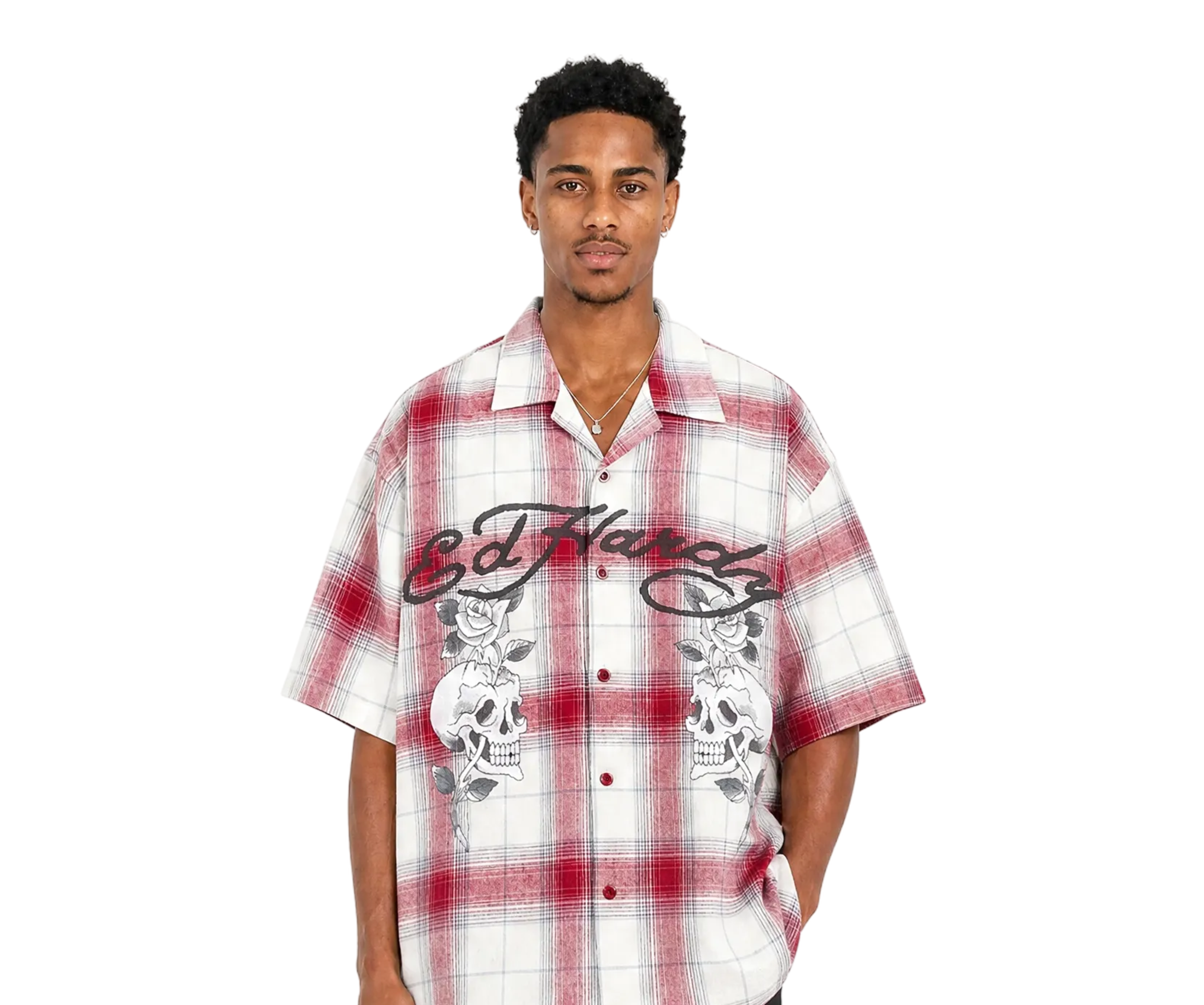 Ed Hardy Gothic Check Revere Boxy Fit Shirt Red