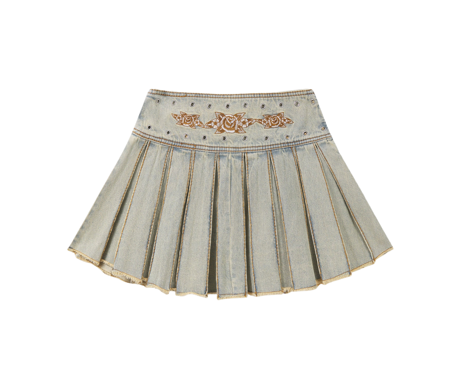 Ed Hardy Stitch Pleated Rose Skirt Denim