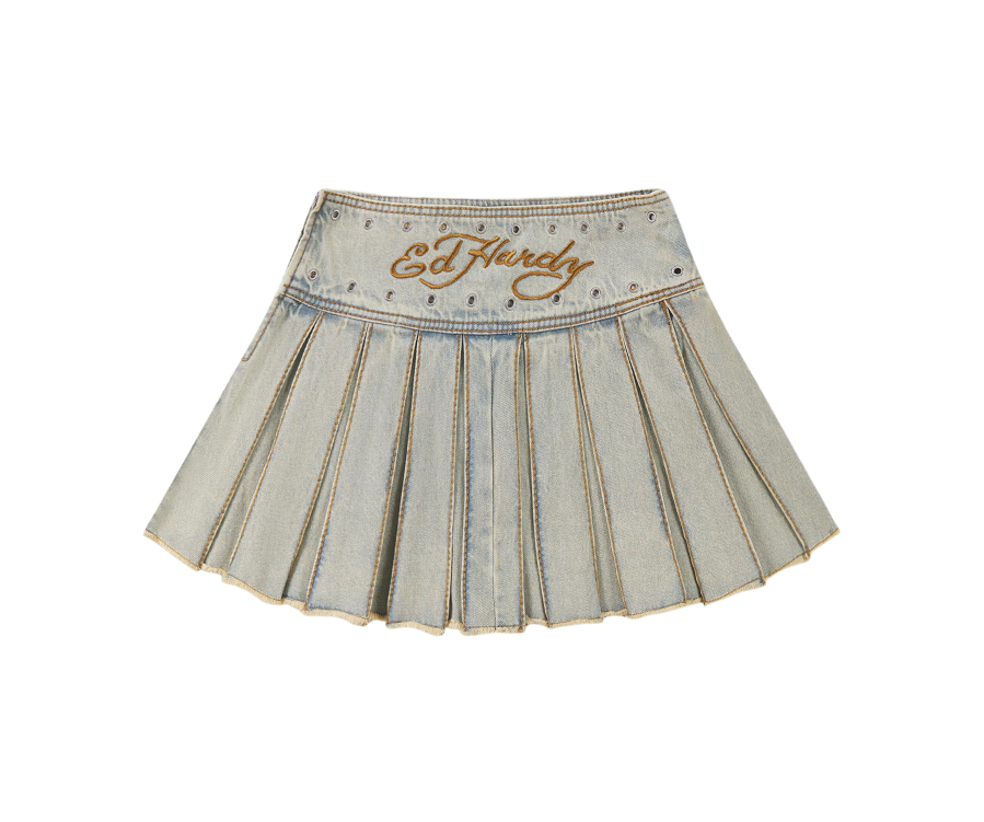 Ed Hardy Stitch Pleated Rose Skirt Denim