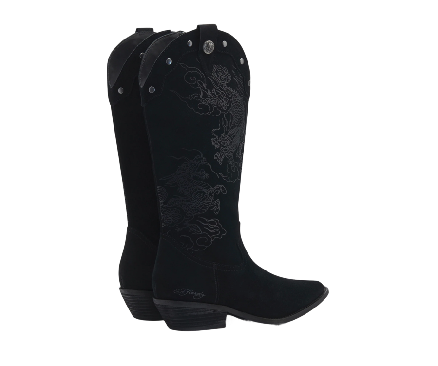 Ed Hardy Suede Western Boot Crawling Dragon Black