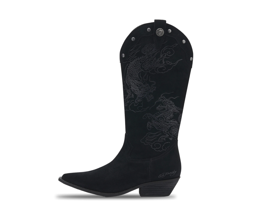 Ed Hardy Suede Western Boot Crawling Dragon Black