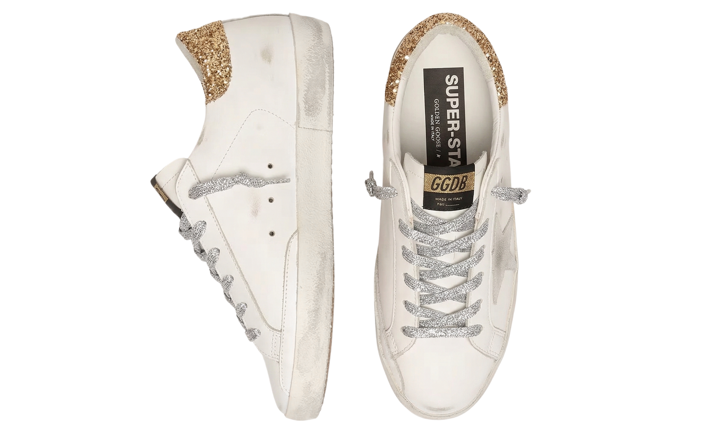 Golden Goose Superstar Gold Glitter Heel / Silver Laces