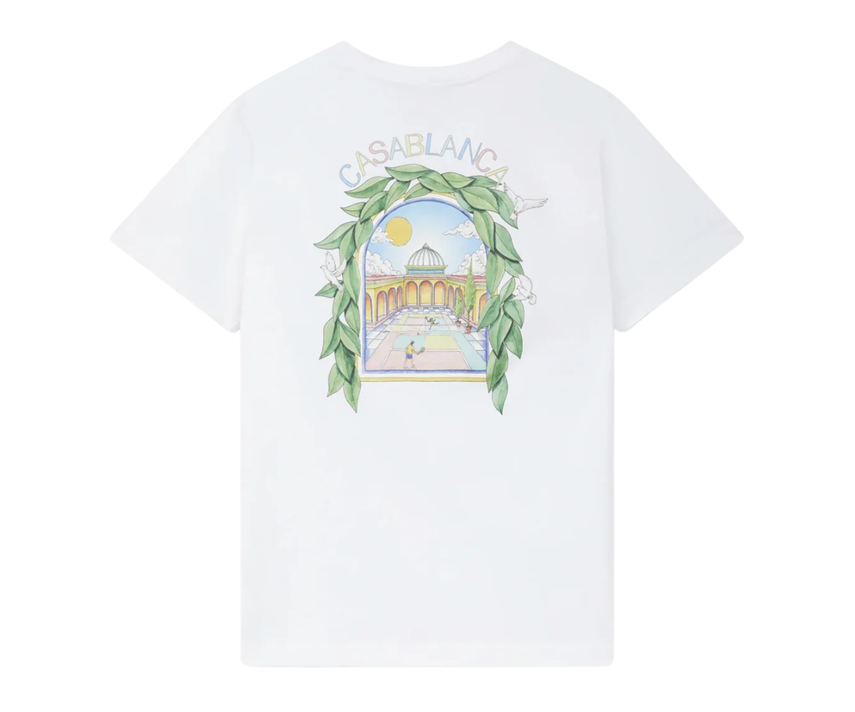 Casablanca white short sleeve t-shirt with a graphic print of an arched tennis court.