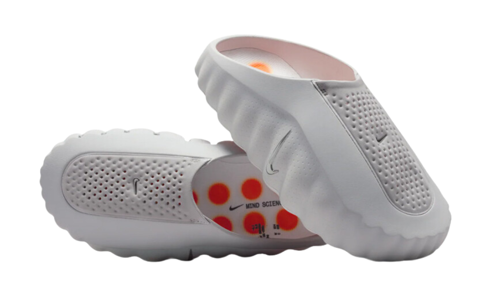 Nike Mind 001 Slide Light Smoke Grey papucs narancssárga pöttyökkel.