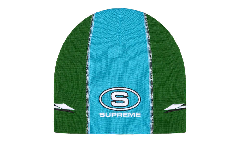 Supreme Racing Panel Beanie Green sapka kék és zöld panelekkel, valamint logóval.