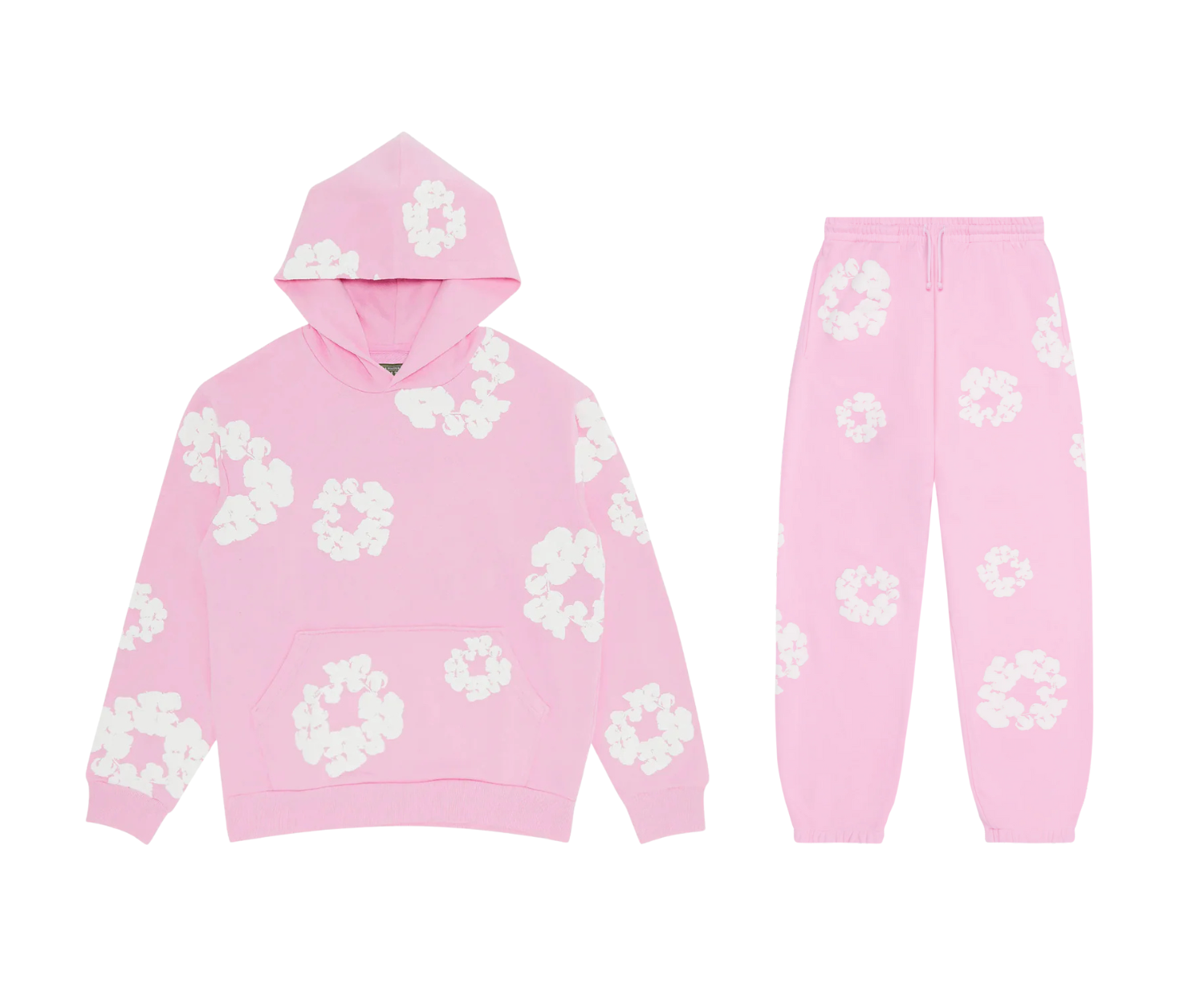 Pink cotton tracksuit with white floral print.