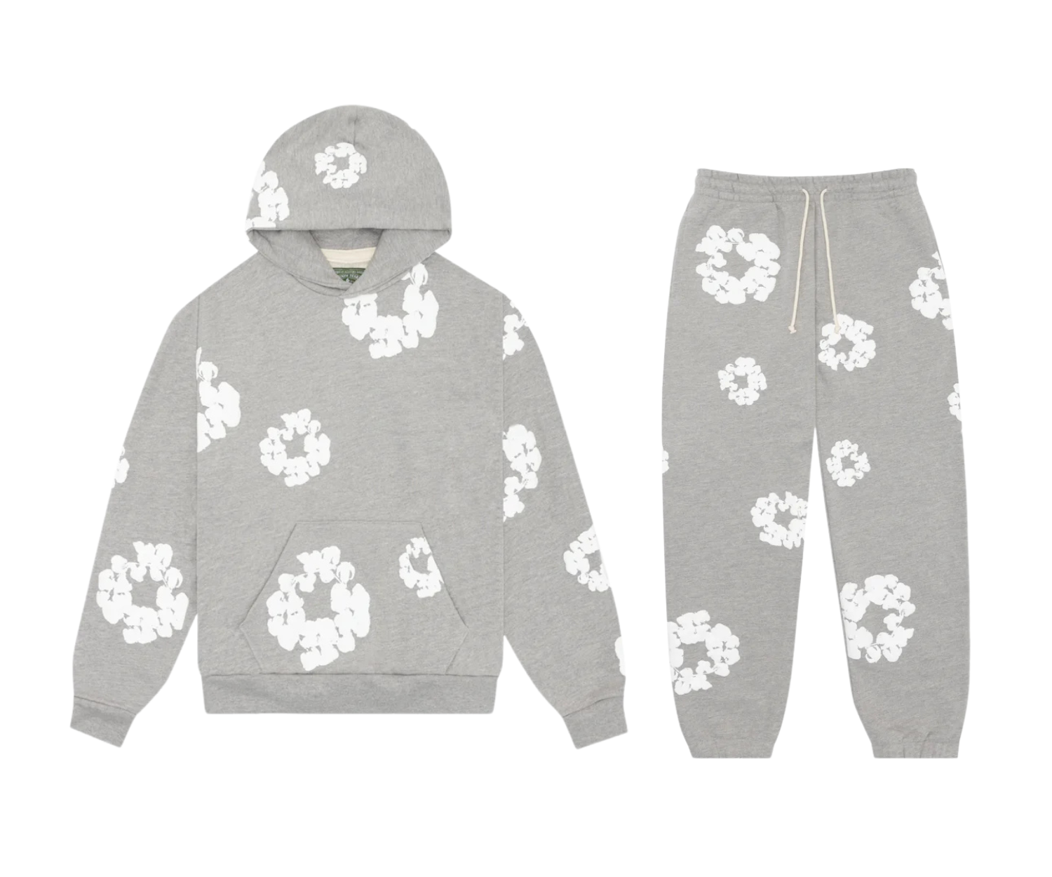 Szürke melegítő szett fehér virágmintával.