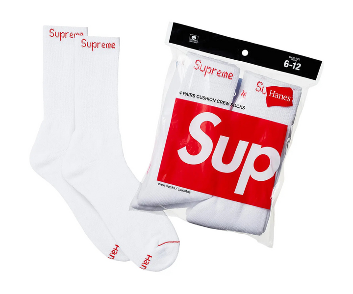 Supreme x Hanes white crew socks, 4 pack.