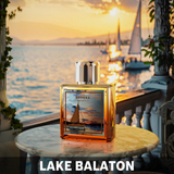 Superz Lake Balaton Extrait De Parfum üveg asztalon naplementekor.