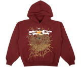Maroon Sp5der hoodie with a spiderweb graphic and stars.