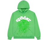 Slime green Sp5der Web hoodie with a white logo and green spiderweb graphic.