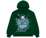 Hunter green Sp5der hoodie with a white star and spiderweb graphic.