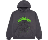 Slate grey Sp5der hoodie with a spiderweb graphic and green text.