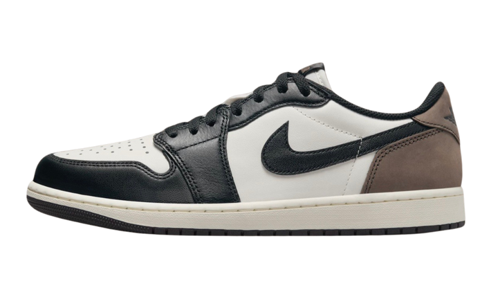 Air Jordan 1 Retro Low OG Mocha Palomino sneaker with white, black, and brown accents.