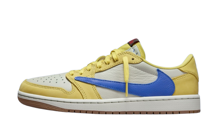 Air Jordan 1 Retro Low OG SP Travis Scott Canary sneaker with yellow and cream overlays and a blue swoosh.