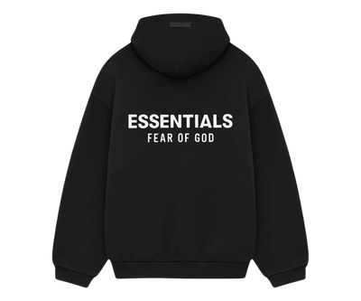 Fekete Fear of God Essentials kapucnis pulóver fehér ESSENTIALS FEAR OF GOD felirattal.