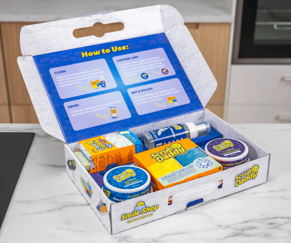 Scrub Daddy Sneaker Cleaner Kit with various cleaning and conditioning products.