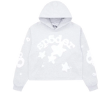 Szürke Sp5der cropped kapucnis pulóver fehér pókháló és csillag mintával.