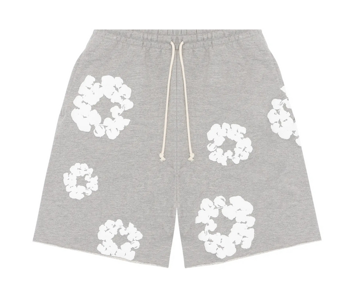 Grey shorts with white wreath pattern and drawstring.
