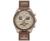 Swatch x Omega Bioceramic Moonswatch Mission to Saturn watch with a brown strap.