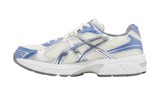 ASICS Gel 1130 'Cream Blueberry' sportcipő fehér hálós felsőrésszel, ezüst és kék részletekkel.