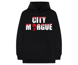 Black hoodie with white "CITY MORGUE" text with red dripping accents and a red skull.