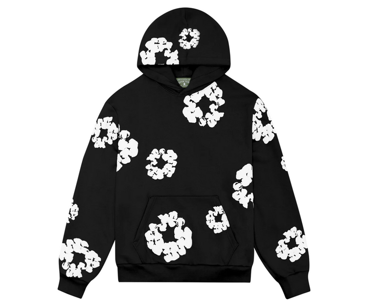Black cotton sweatshirt with white floral print and a front pocket.