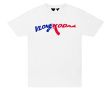 White t-shirt with blue and red VLONE KODAK graphic.