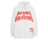 White hoodie with red "Bad Habits But Good Intentions" graphic and tracklist.