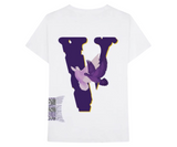 White t-shirt with a purple V logo and two doves.
