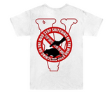 White t-shirt with red "V" logo and "Stop Snitching" graphic.