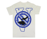 White Vlone t-shirt with blue "Stop Snitching" graphic and rat silhouette.