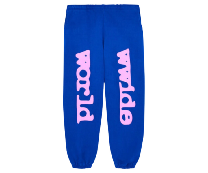 Blue sweatpants with pink "world" and "wwdda" text.