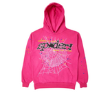 Sp5der P*nk V2 Hoodie Pink with spiderweb graphic.