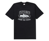 Supreme Corteiz Rules The World Tee Black with graphic print.